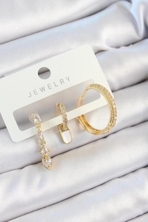 BFS Pirinç Zirkon Taşlı Sallantılı Model Gold Renk 3'lü Çift Kadın Küpe Set