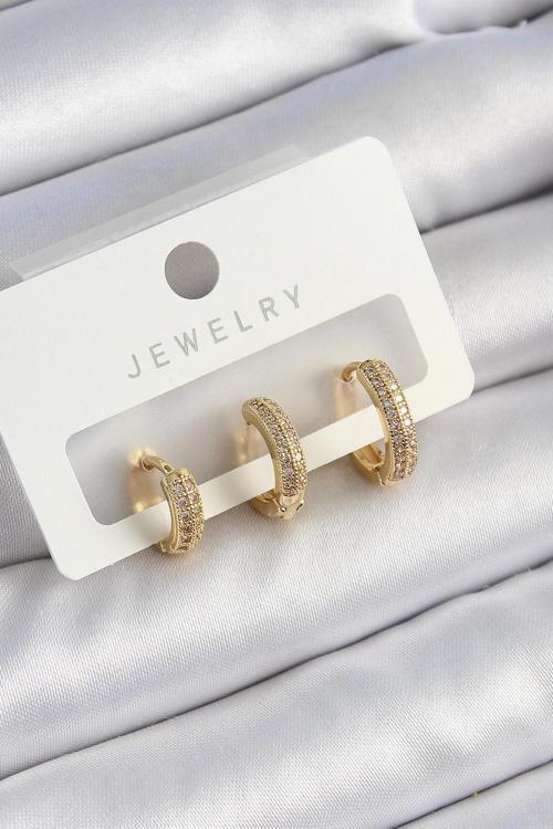 BFS Pirinç Zirkon Taşlı Yıldız Model Gold Renk 3'lü Çift Kadın Küpe Set