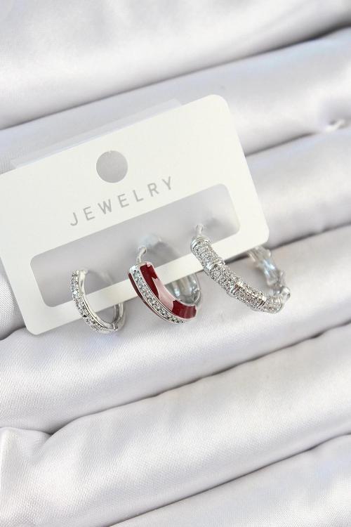 BFS Pirinç Zirkon Taşlı Bordo Pembe Halka Model Gümüş Renk 3'lü Çift Kadın Küpe Set