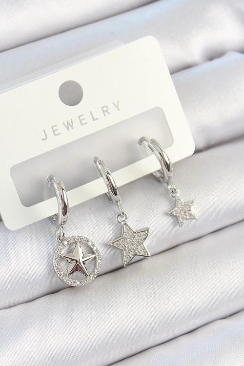 BFS Pirinç Zirkon Taşlı Yıldız Model Gümüş Renk 3'lü Çift Kadın Küpe Set