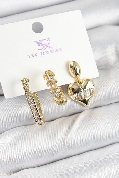 BFS Pirinç Zİrkon Taşlı Kalp Model Gold Renk 3'lü Kadın Küpe