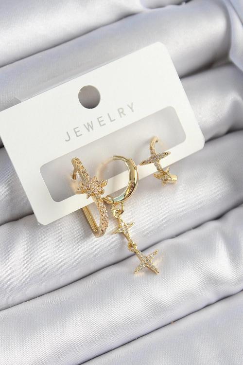 BFS Pirinç Zirkon Taşlı Yıldız Model Gold Renk 3'lü Çift Kadın Küpe Set