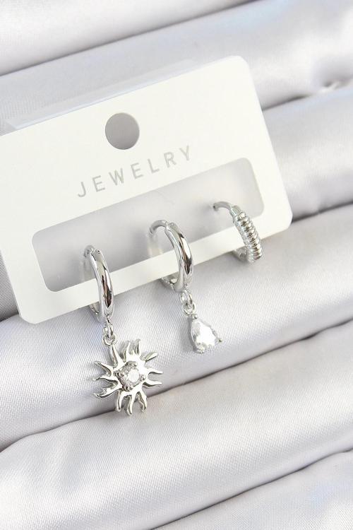 BFS Pirinç Zirkon Taşlı Güneş Model Gümüş Renk 3'lü Çift Kadın Küpe Set