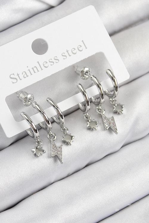 BFS Pirinç Zirkon Taşlı Şimşek Model Gümüş Renk Kadın Küpe