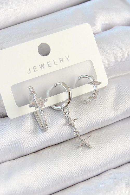 BFS Pirinç Zirkon Taşlı Kelebek Ve Sallantılı Yıldız Model Gümüş Renk 3'lü Çift Kadın Küpe Set