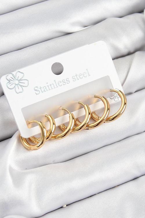 BFS 316L Çelik Halka Model Gold Renk 3'lü Set Kadın Küpe
