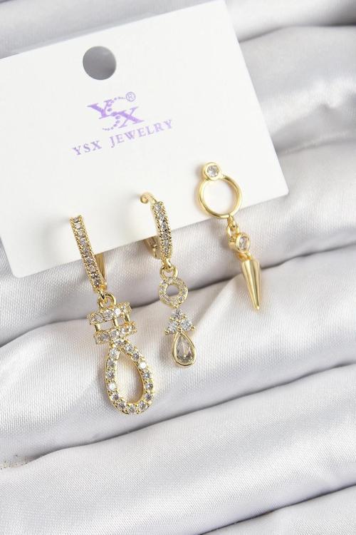 BFS Pirinç Zİrkon Taşlı Sallantılı Model Gold Renk 3'lü Kadın Küpe