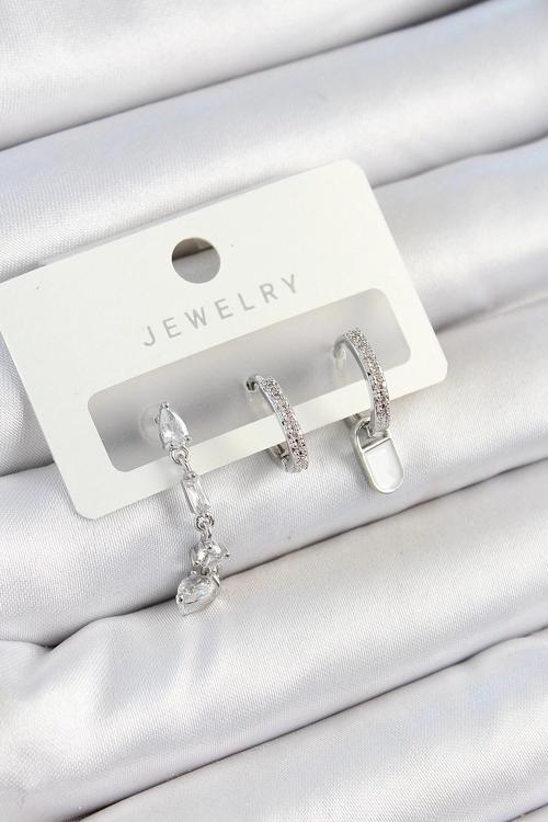 BFS Pirinç Zirkon Taşlı Sallantılı Model Gümüş Renk 3'lü Çift Kadın Küpe Set