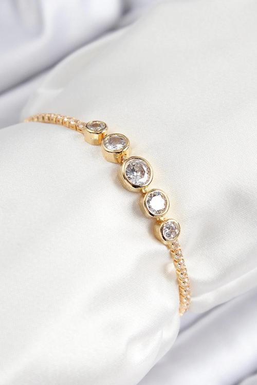 BFS Pirinç Zirkon Taşlı Sıralı Daire Model Gold Renk Asansörlü Kadın Bileklik
