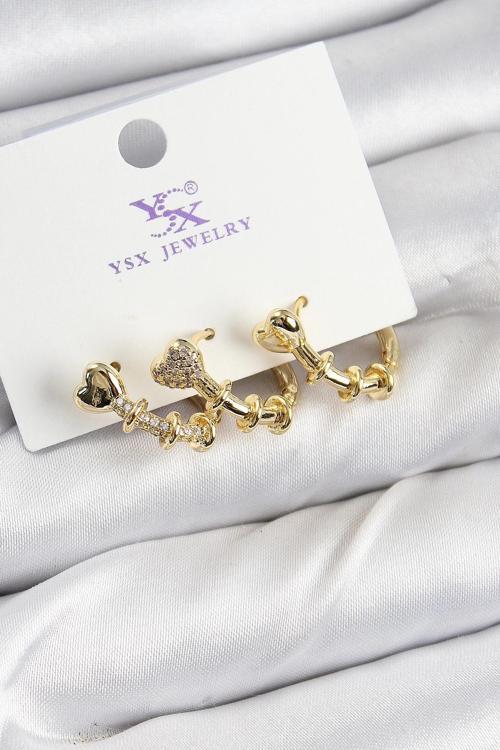 BFS Pirinç Zİrkon Taşlı Kalp Model Gold Renk 3'lü Kadın Küpe