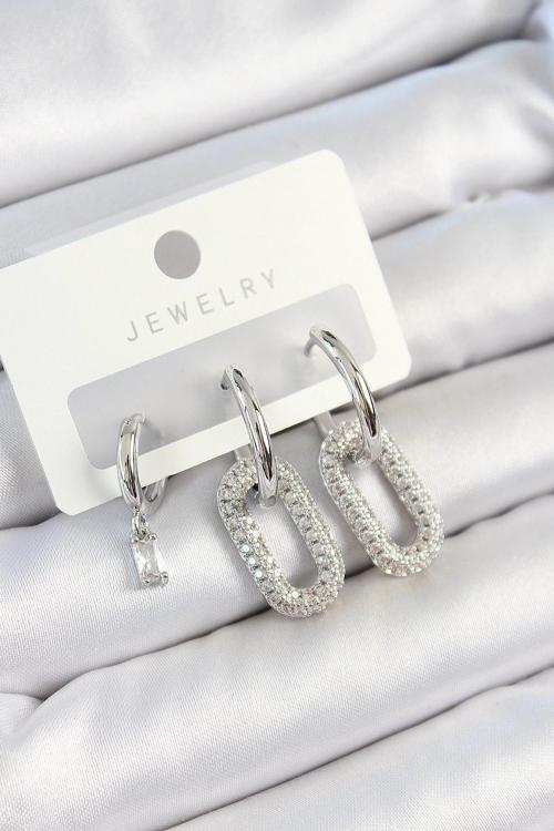 BFS Pirinç Zirkon Taşlı Dikdörtgen Model Gümüş Renk 3'lü Çift Kadın Küpe Set