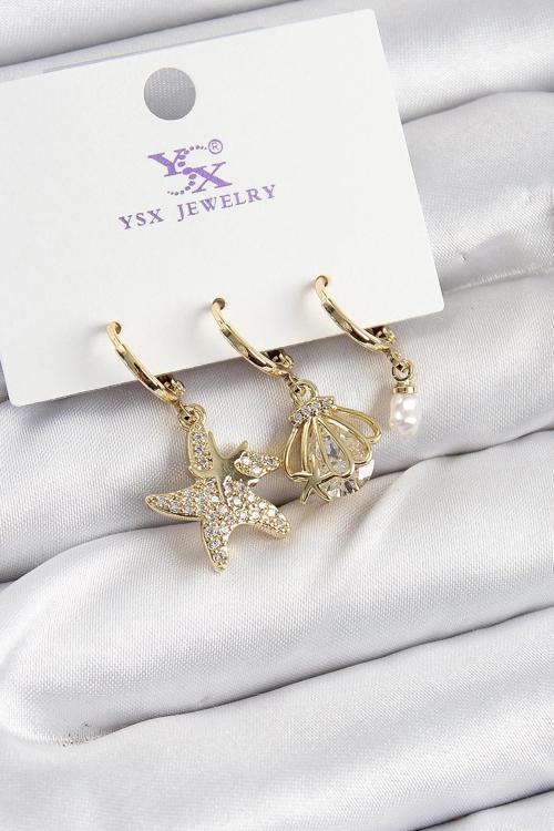BFS Pirinç Zİrkon Taşlı Deniz Yıldızı Ve İstiridye Model Gold Renk 3'lü Kadın Küpe