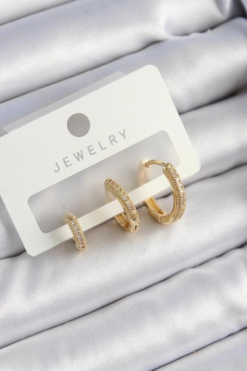 BFS Pirinç Zirkon Taşlı Halka Model Gold Renk 3'lü Çift Kadın Küpe Set