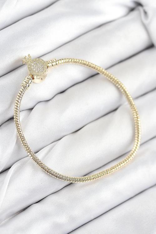 BFS Pirinç Charm Zirkon Taşlı Taç Model Gold Renk Kadın Bileklik