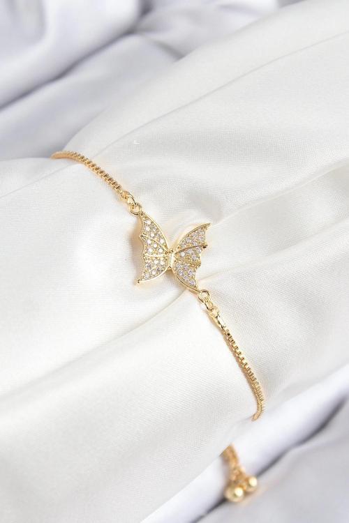 BFS Pirinç Zirkon Taşlı Kelebek Model Gold Renk Asansörlü Kadın Bileklik