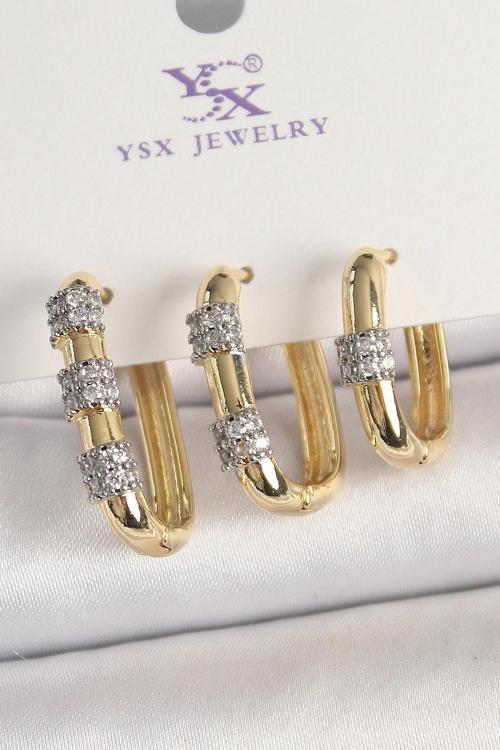 BFS Pirinç Gold Renk 3'Lü Halka Model Gümüş Zirkon Taş Detaylı Kadın Kombin Küpe