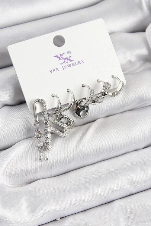 BFS Pirinç Zİrkon Taşlı Dikdörtgen Model Gümüş Renk 3'lü Çift Kadın Küpe