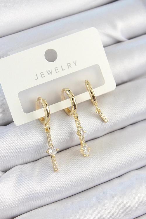 BFS Pirinç Zirkon Taşlı Sallantılı Model Gold Renk 3'lü Çift Kadın Küpe Set