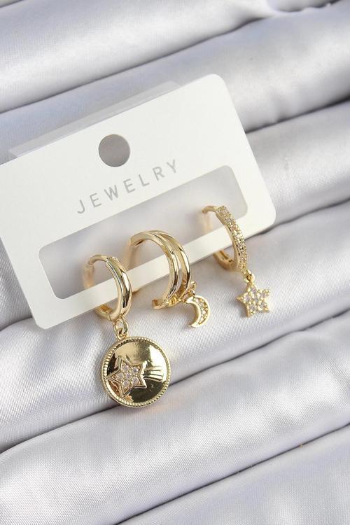 BFS Pirinç Zirkon Taşlı Yıldız Ve Ay Model Gold Renk 3'lü Çift Kadın Küpe Set
