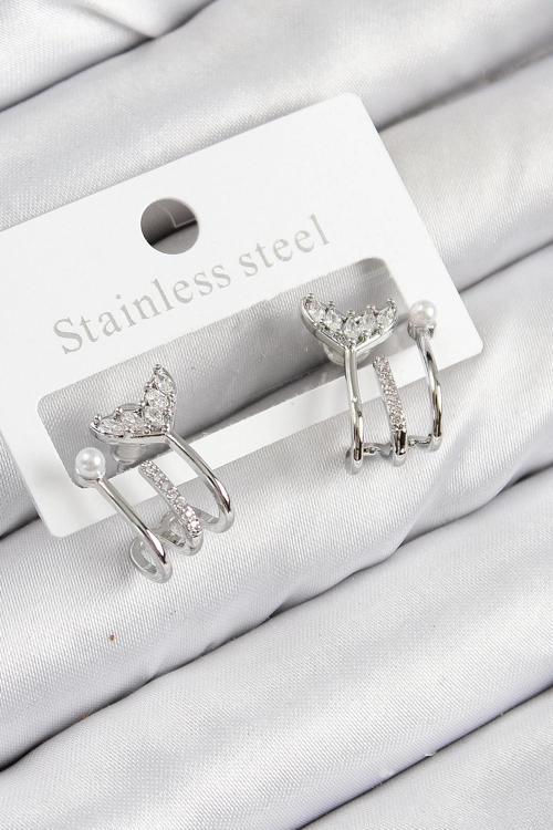 BFS Pirinç Zirkon Taşlı İnci Detaylı Balık Kuyruğu Model Gümüş Renk Kadın Küpe