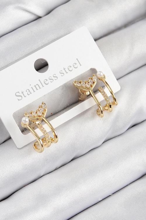 BFS Pirinç Zirkon Taşlı İnci Detaylı Balık Kuyruğu Model Gold Renk Kadın Küpe