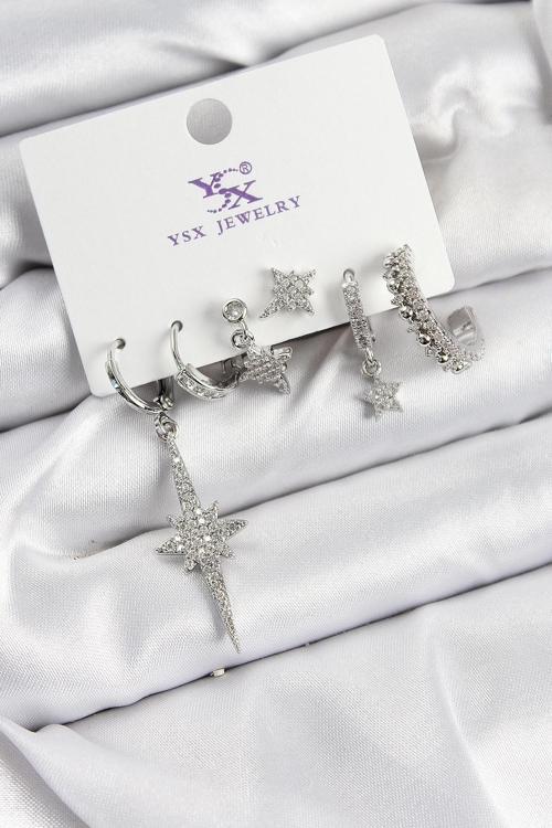 BFS Pirinç Zİrkon Taşlı Kutup Yıldızı Model Gümüş Renk 3'lü Çift Kadın Küpe