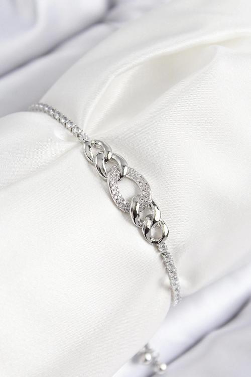 BFS Pirinç Zirkon Taşlı Zincir Model Gümüş Renk Asansörlü Kadın Bileklik