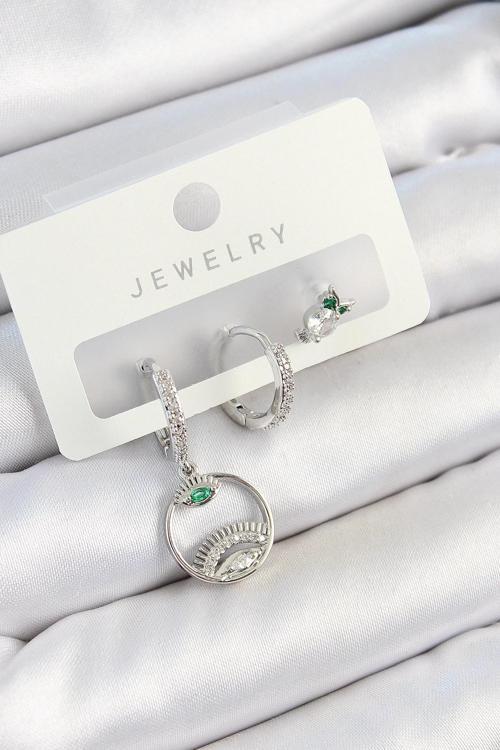 BFS Pirinç Zirkon Taşlı Göz Ve Baykuş Model Gümüş Renk 3'lü Çift Kadın Küpe Set