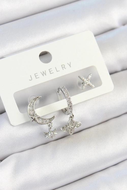 BFS Pirinç Zirkon Taşlı Çiçek Ve Ay Model Gümüş Renk 3'lü Çift Kadın Küpe Set