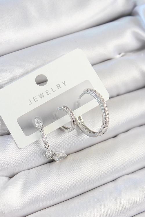 BFS Pirinç Zirkon Taşlı Sallantılı Model Gümüş Renk 3'lü Çift Kadın Küpe Set