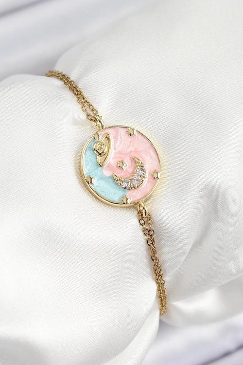 BFS 316L Çelik Zincir Mineli Sanatsal Portre Zirkon Taşlı Gezegen Model Gold Renk Kadın Bileklik