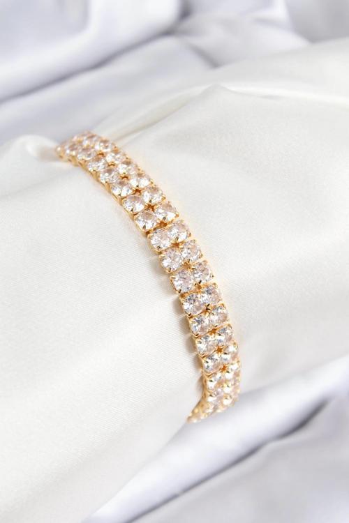 BFS Pirinç Zirkon Taşlı Çift Sıra Kare Model Gold Renk Asansörlü Kadın Bileklik