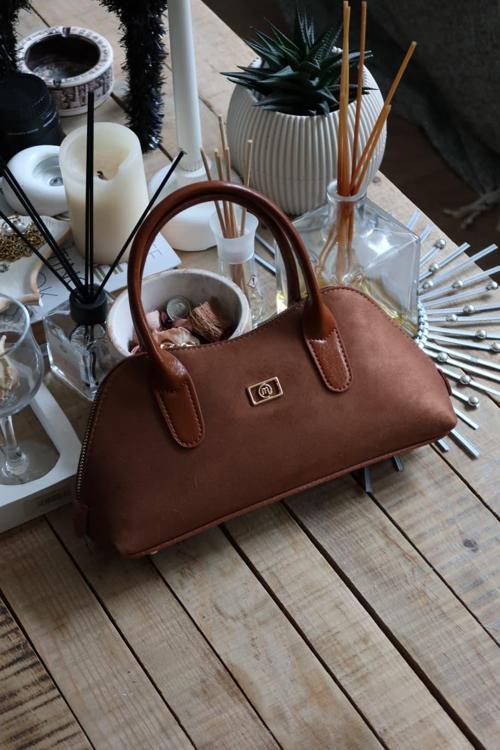 taba süet çift fermuar detaylı el omuz çantası