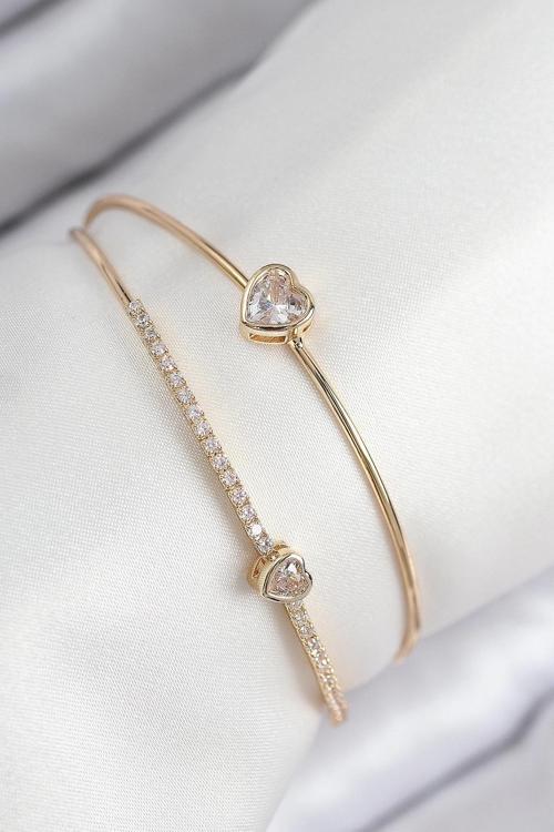 BFS Pirinç Zirkon Taşlı Kalp Model Gold Renk Kadın Bileklik