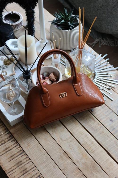 taba parlak çift fermuar detaylı el omuz çantası