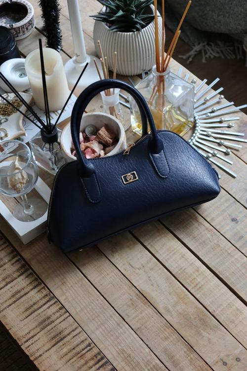 lacivert parlak çift fermuar detaylı el omuz çantası