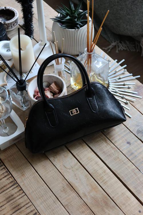 siyah parlak çift fermuar detaylı el omuz çantası