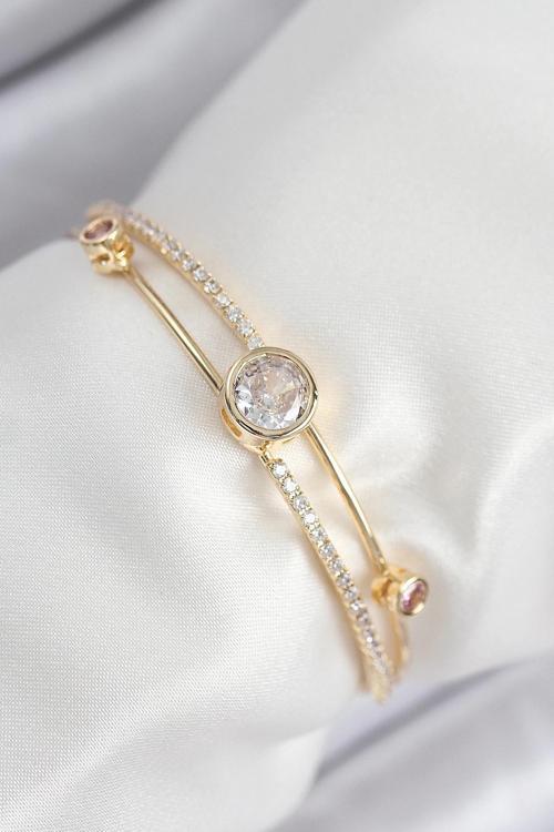 BFS Pirinç Zirkon Taşlı Pırlanta Model Gold Renk Kadın Bileklik