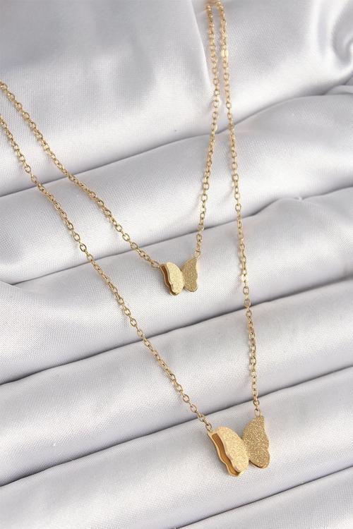 BFS 316L Çelik Gold Renk 2'Li Simli Kelebek Model Kadın Kolye