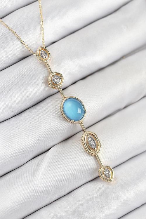 BFS Pirinç Zincir Mavi Gold Renk Zirkon Taşlı Y Kolye