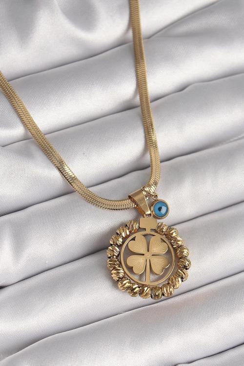 BFS 316L Çelik Gold Renk İtalyan Zincir Dorika Yonca Model Nazar Boncuk Detay Kadın Kolye