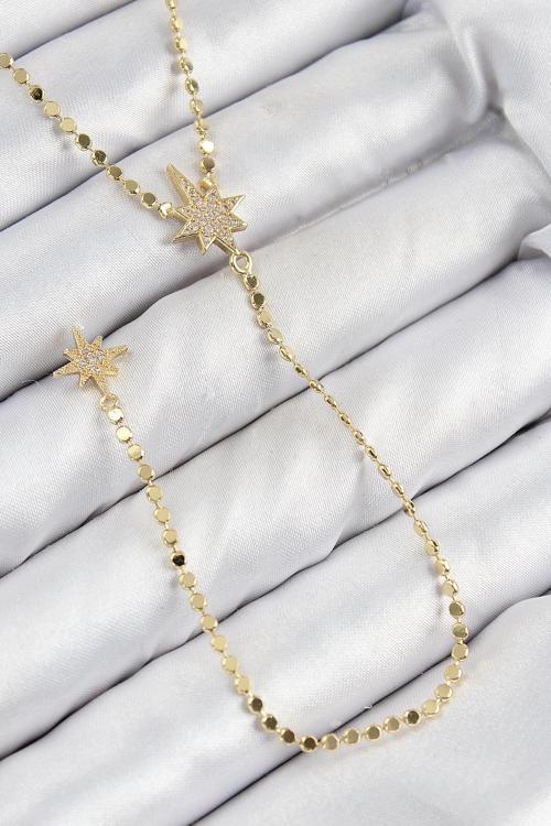 BFS Pirinç Zirkon Taşlı Ezme Zincirli Kutup Yıldızı Model Gold Renk Y Kolye