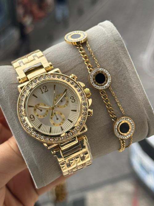 Gold Renk Metal Kordon Kadın Kol Saati Ve Çelik Bileklik