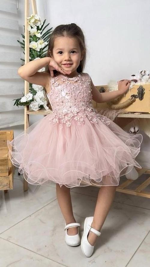 İncili Kız Çocuk Daisy Elbise MNK0585 PUDRA