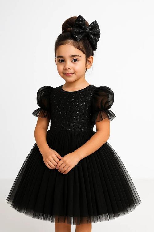 Balon Kol Pul Payet Kız Çocuk Tütü Elbise M00751 SİYAH