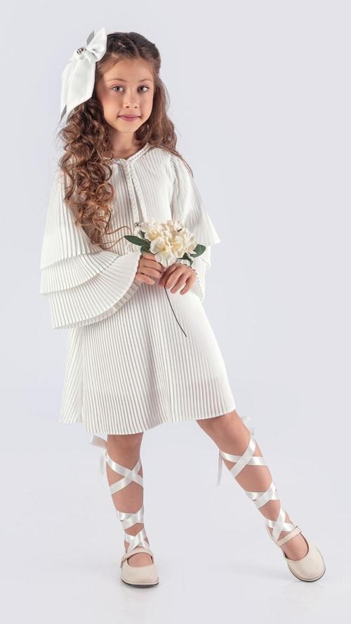 Kız Çocuk Krep Plise Elbise MNK0595 BEYAZ