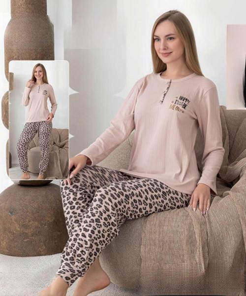 Kadın Pamuk'lu Düğme Yaka Raporlu İnterlok KIŞLIK Pijama Takımı 0248 - 1 Adet