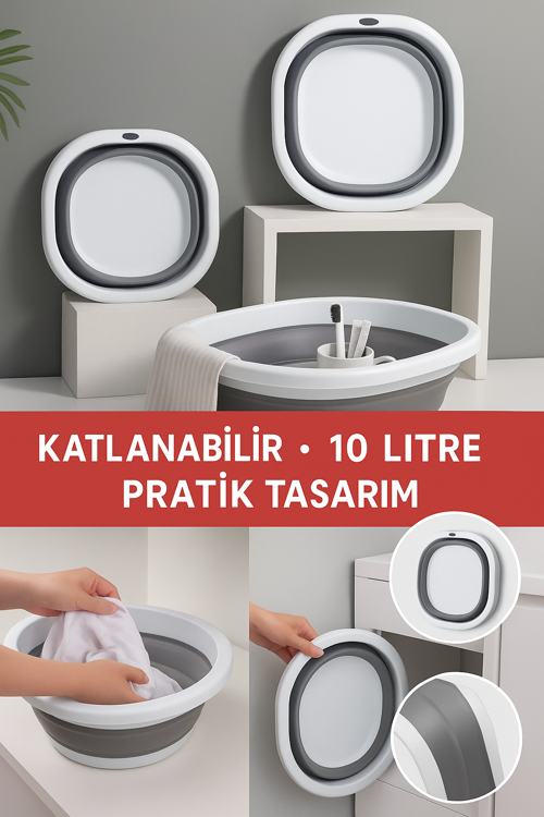 10 LT Katlanabilir Kare Leğen – PP + Silikon, Yer Kaplamaz, Dayanıklı, Çok Amaçlı