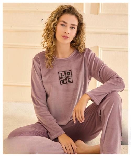 Kadın Kışlık Bisiklet Yaka Kadife Pijama Takımı 13166L - 1 Adet