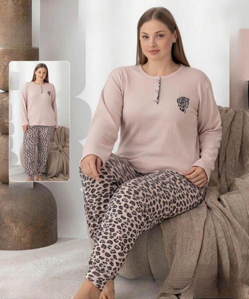 Kadın Pamuk'lu Düğme Yaka Raporlu İnterlok KIŞLIK Battal Pijama Takımı 0251 - 1 Adet